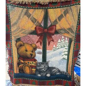 American Weavers Christmas Throw Teddy Bear Cat Snow 1997 Window 54x54